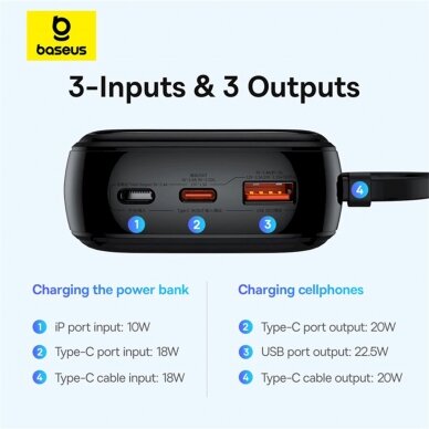 Baseus Qpow Pro+ 20000mAh 22.5W powerbankbuilt-in USB-C Kabelisdisplay - Juodas 11