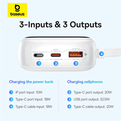 Baseus Qpow Pro+ 20000mAh 22.5W powerbankbuilt-in USB-C Kabelisdisplay - baltas 11