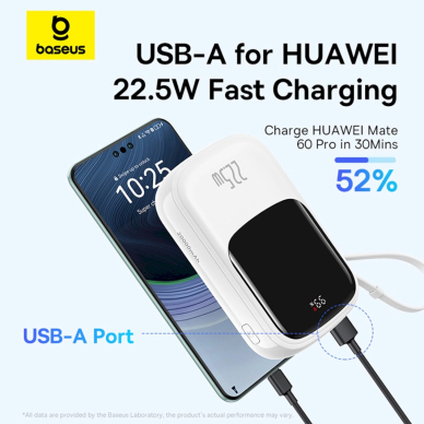 Baseus Qpow Pro+ 20000mAh 22.5W powerbankbuilt-in USB-C Kabelisdisplay - baltas 9