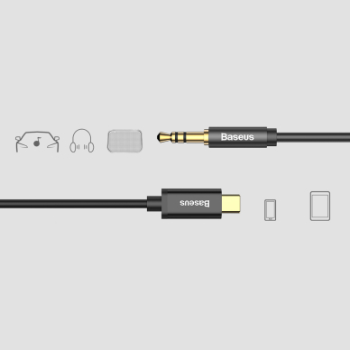 Kabelis Baseus stereo audio AUX 3,5 mm mini jack - USB Type C skirtas išmaniesiems telefonams 120cm Juodas (CAM01-01) 9