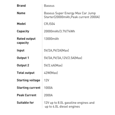 Akomuliatorius Baseus Super Energy Max Car Jump Starter (20000mAh, Peakcurrent 2000A) + Kabelis Juodas (CGNL020001) 21