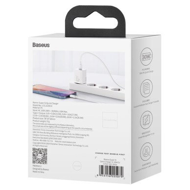 Greitas Buitinis Įkroviklis Baseus Super Si 1C USB Type C 30 W Power Delivery Quick Charge Baltas (CCSUP-J02) 5