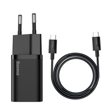 Baseus Super Si Quick Charger 1C 25W EU Sets Black + Mini Black Cable Type-C to Type-C 3A 1m (TZCCSUP-L01)