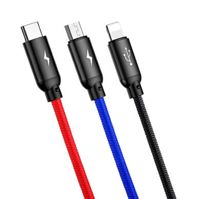 Baseus Three Primary Colors 3in1 USB-A - micro USB / Lightning / USB-C 3.5A Kabelis 0.3 m - Juodas 1