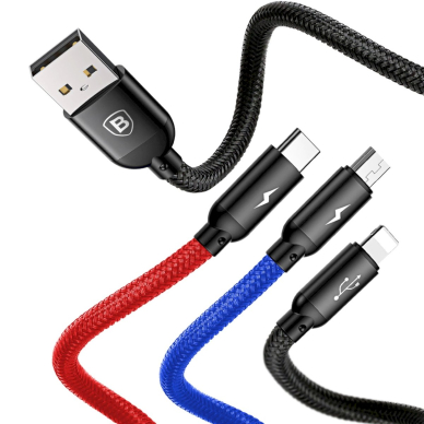 Baseus Three Primary Colors 3in1 USB-A - micro USB / Lightning / USB-C 3.5A Kabelis 0.3 m - Juodas 4