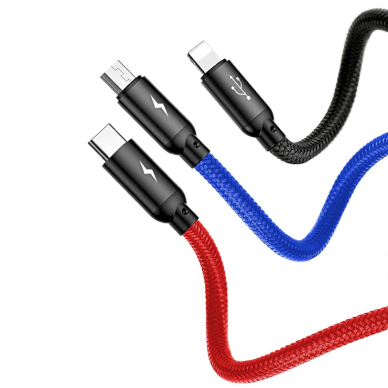 Baseus Three Primary Colors 3in1 USB-A - micro USB / Lightning / USB-C 3.5A Kabelis 0.3 m - Juodas 5