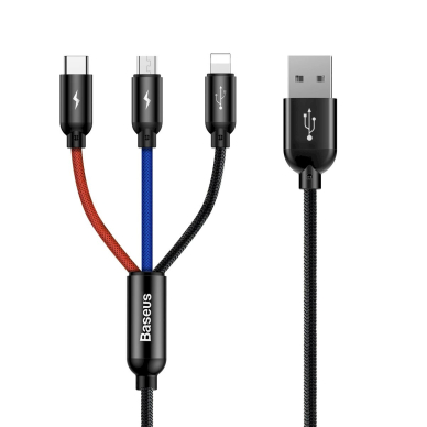 Baseus Three Primary Colors 3in1 USB-A - micro USB / Lightning / USB-C 3.5A Kabelis 0.3 m - Juodas