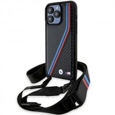 Originalus BMW dėklas M Edition Carbon Tricolor Lines &amp; StrapiPhone 15 Pro - juodas