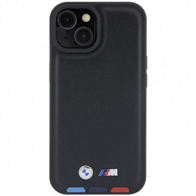 Originalus BMW dėklas BMHCP15S22PTDK iPhone 15 6.1  Juodas Leather Stamp Tricolor 2