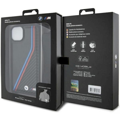 Originalus BMW dėklas M Edition Carbon Tricolor Lines &amp; StrapiPhone 15 Plus / 14 Plus - juodas 6