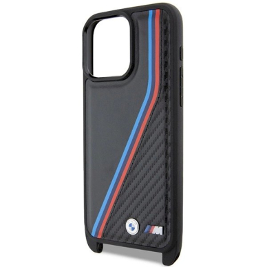 Originalus BMW dėklas M Edition Carbon Tricolor Lines &amp; StrapiPhone 15 Pro - juodas 4