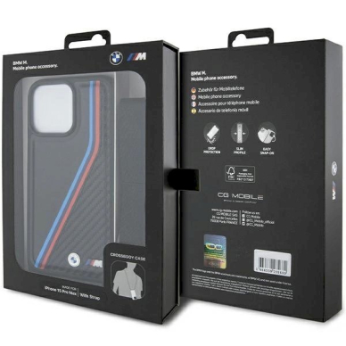 Originalus BMW dėklas M Edition Carbon Tricolor Lines &amp; StrapiPhone 15 Pro Max - juodas 6