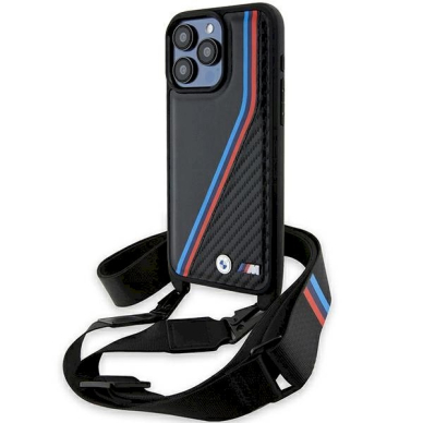 Originalus BMW dėklas M Edition Carbon Tricolor Lines &amp; StrapiPhone 15 Pro Max - juodas