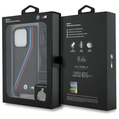 Orginalus BMW Dėklas M Edition Carbon Tricolor Lines  Strap  iPhone 16 Pro - Juodas 6