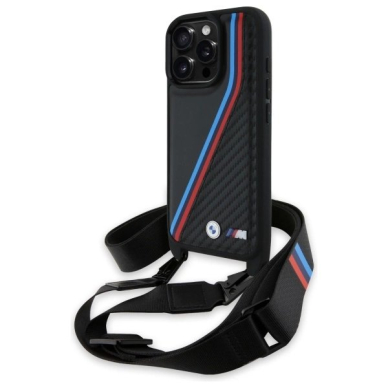 Orginalus BMW Dėklas M Edition Carbon Tricolor Lines  Strap  iPhone 16 Pro Max - Juodas