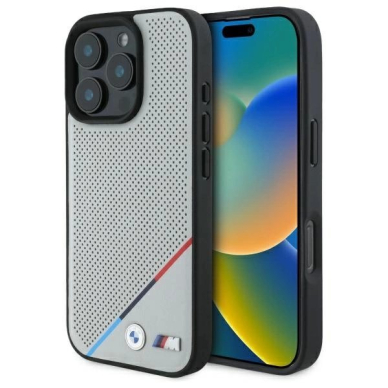 Orginalus BMW Dėklas M Perforated Tricolor Line MagSafe  iPhone 16 Pro Max - Pilkas