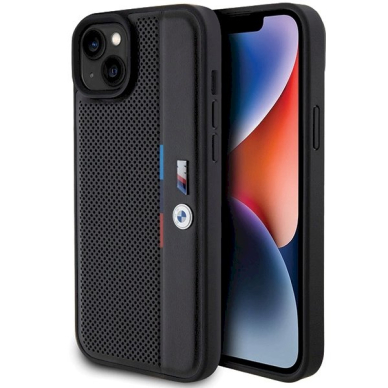 Originalus BMW dėklas Perforated Tricolor LineiPhone 15 / 14 / 13 - juodas