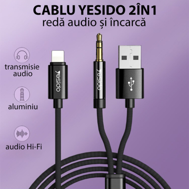 [Užsakomoji prekė] Adapteris kabelis Lightning į USB, Jack - Yesido (YAU-18) - Juodas 2