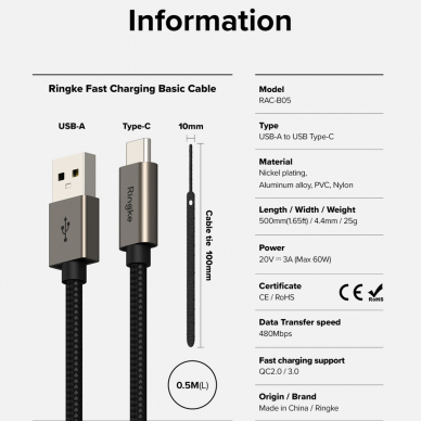 [Užsakomoji prekė] Laidas USB į Type-C, 60W, 0.5m - Ringke - Juodas 8