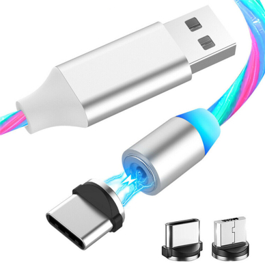 [Užsakomoji prekė] Įkrovimo laidas Magnetic USB į Type-C, Micro-USB, Lightning 1m - Techsuit LED Flowing - Baltas 1