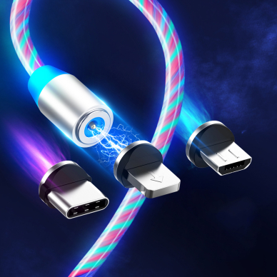 [Užsakomoji prekė] Įkrovimo laidas Magnetic USB į Type-C, Micro-USB, Lightning 1m - Techsuit LED Flowing - Baltas 2