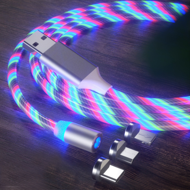 [Užsakomoji prekė] Įkrovimo laidas Magnetic USB į Type-C, Micro-USB, Lightning 1m - Techsuit LED Flowing - Baltas