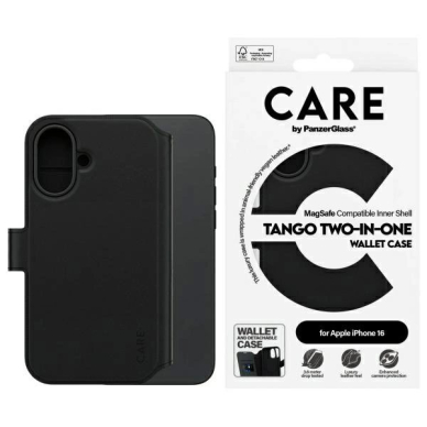 Dėklas CARE by PanzerGlass Feature Tango 2in1 Wallet MagSafe  iPhone 16 - Juodas