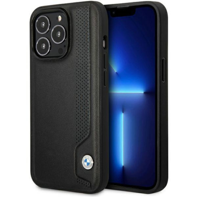 Dėklas BMW Leather Blue Dots BMHCP14L22RBDK iPhone 14 Pro Juodas