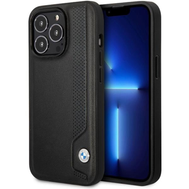 Dėklas BMW Leather Blue Dots BMHCP14X22RBDK iPhone 14 Pro Max Juodas