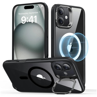 [Užsakomoji prekė] Dėklas iPhone 16 - ESR Classic Hybrid HaloLock Kickstand - permatomas Black