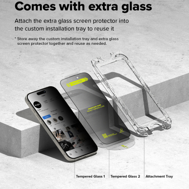 [Užsakomoji prekė] Grūdintas stikliukas iPhone 16 / iPhone 15 (set 2) - Ringke Easy Slide Tempered Glass - Privacy 3