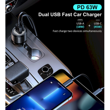 Choetech TC0010 USB-C USB-A PD 63W car Įkroviklis  - Juodas 3