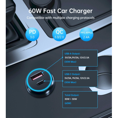 Choetech TC0014 USB-C USB-A PD 60W car Įkroviklis LED backlight - Juodas 12