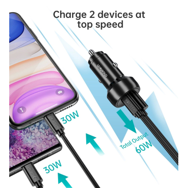 Choetech TC0014 USB-C USB-A PD 60W car Įkroviklis LED backlight - Juodas 8