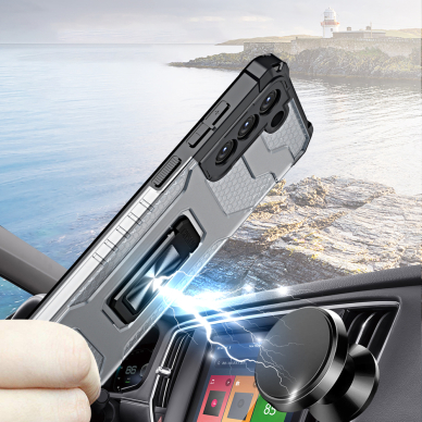 Akcija! Dėklas Crystal Ring Case Kickstand Tough Rugged Samsung Galaxy S21 FE juodas 2