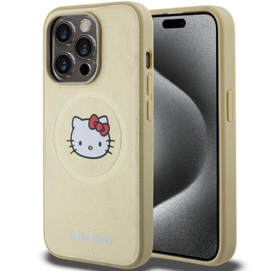 Dėklas Hello Kitty Leather Kitty Head MagSafe iPhone 15 Pro Max - Auksinis