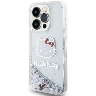 Dėklas Hello Kitty Liquid Glitter Charms Kitty Head iPhone 15 Pro - Sidabrinis 1