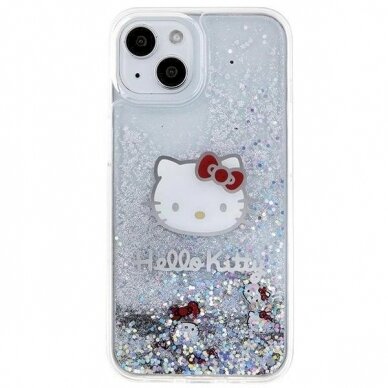 Dėklas Hello Kitty Liquid Glitter Charms Kitty Head iPhone 15 - Sidabrinis