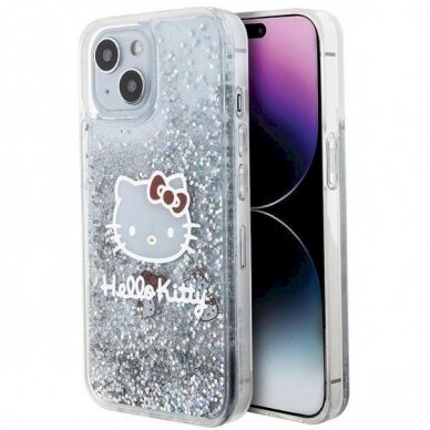 Dėklas Hello Kitty Liquid Glitter Charms Kitty Head iPhone 15 - Sidabrinis 7