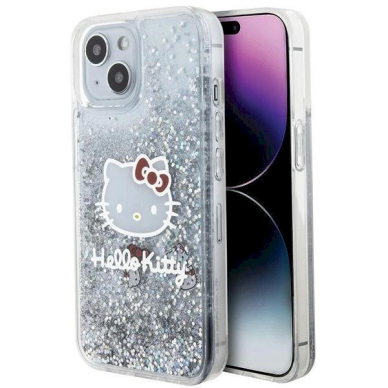 Dėklas Hello Kitty Liquid Glitter Charms Kitty Head iPhone 15 - Sidabrinis 7