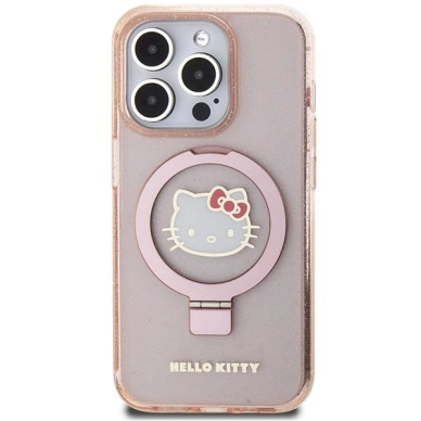 Dėklas Hello Kitty Ring Stand Glitter Electrop Logo MagSafe iPhone 15 Pro - rožinis 2