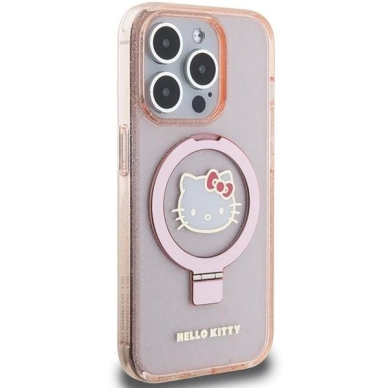 Dėklas Hello Kitty Ring Stand Glitter Electrop Logo MagSafe iPhone 15 Pro - rožinis 3