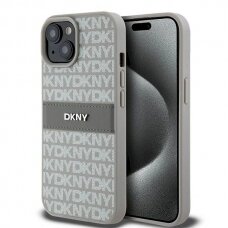 Dėklas DKNY Leather Mono StripeMetal LogoiPhone 15 Plus / 14 Plus - Smėlinis