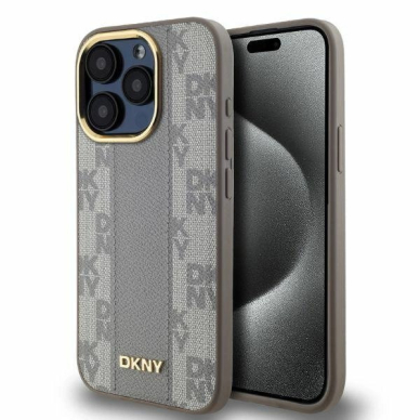 Dėklas DKNY Leather Checkered Mono Pattern MagSafe iPhone 15 Pro  - Smėlinis