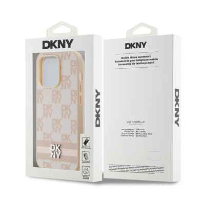 Dėklas DKNY Leather Checkered Mono PatternPrinted StripesiPhone 14 Pro - Rožinis 7