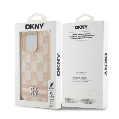 Dėklas DKNY Leather Checkered Mono PatternPrinted StripesiPhone 15 Pro - Rožinis 7