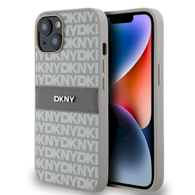 Dėklas DKNY Leather Mono StripeMetal LogoiPhone 15 / 14 / 13 - Smėlinis