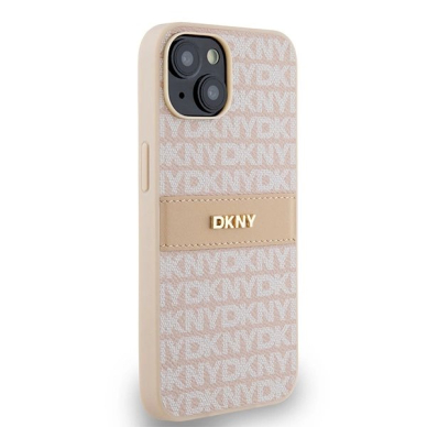 Dėklas DKNY Leather Mono StripeMetal LogoiPhone 15 / 14 / 13 - Rožinis 3