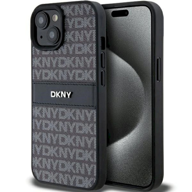 Dėklas DKNY Leather Mono StripeMetal LogoiPhone 15 Plus / 14 Plus - Juodas