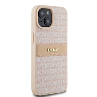 Dėklas DKNY Leather Mono StripeMetal LogoiPhone 15 Plus / 14 Plus - Rožinis 3